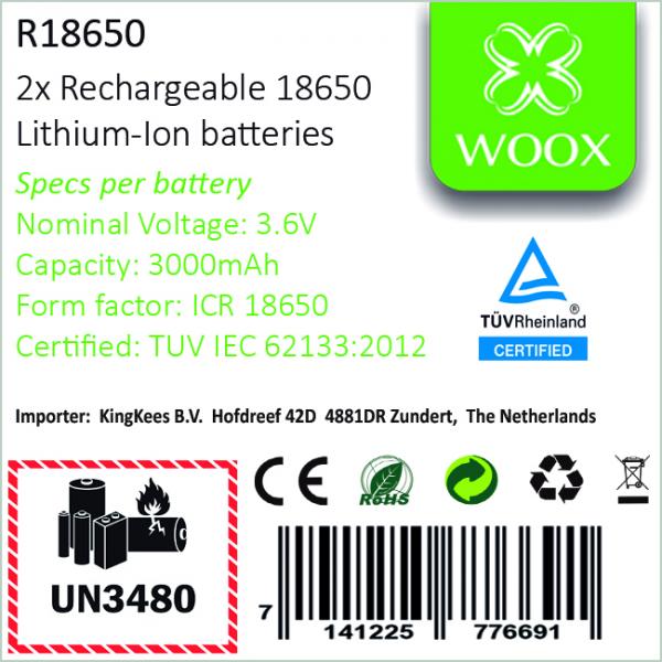Woox r18650 is een set van 2 stuks oplaadbare lithium-ion batterijen type 18650