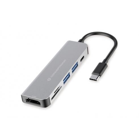 Conceptronic donn02g 6-in-1 multifunctionele USB-hubadapter, USB 3.2 gen 1 type-c, HDMI, 5 GB/s, aluminium