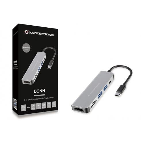 Conceptronic donn02g 6-in-1 multifunctionele USB-hubadapter, USB 3.2 gen 1 type-c, HDMI, 5 GB/s, aluminium