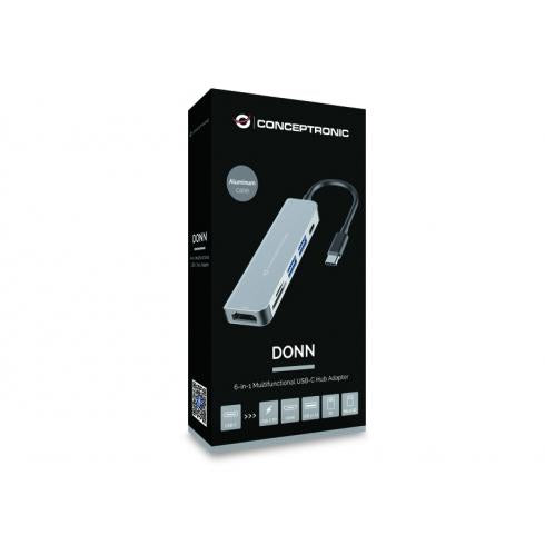 Conceptronic donn02g 6-in-1 multifunctionele USB-hubadapter, USB 3.2 gen 1 type-c, HDMI, 5 GB/s, aluminium