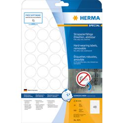 Herma hardwearing labels round 30mm 20sh. din a4 wh 960pc. 4571