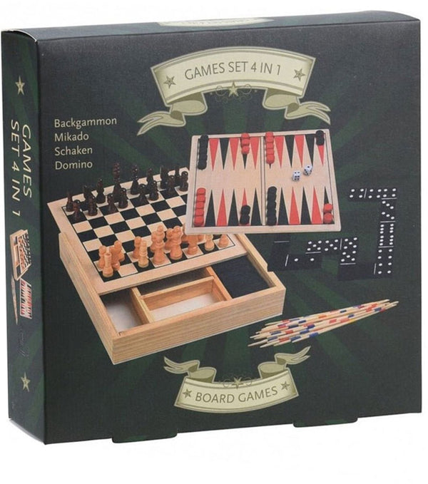 Koopman houten spellendoos 4 in 1 met schaken - backgammon - domino - mikado - 17x17cm - reiseditie
