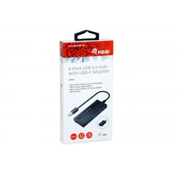 Equip 128956 4-poorts USB 3.0-hub met USB-C-adapter, USB 3.2 gen 1 type-A, 5000 Mbit s, zwart