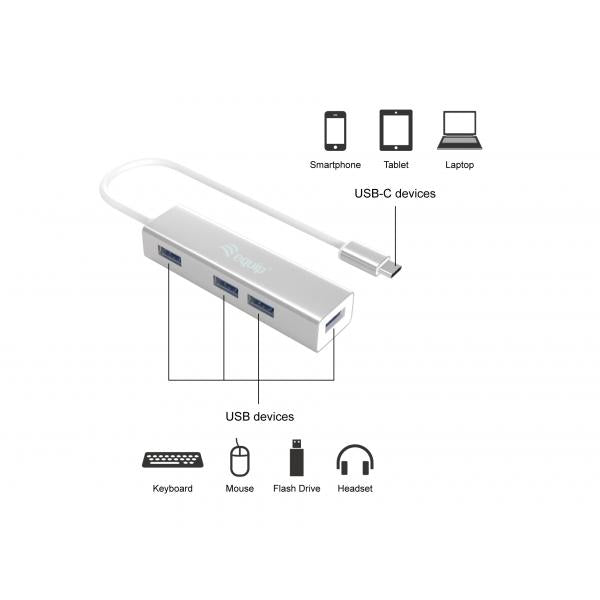 Equip 128958 USB-C naar 4-poorts USB 3.0 hubs, USB 3.2 gen 1 type-C, type-A, 5000 Mbit S, zilver