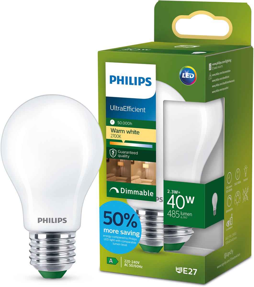 Philips led philips ultraefficient led lamp - 60w - e27 fitting - warmwit licht: 2700k - helder glas - p45 kogellamp - lange levensduur