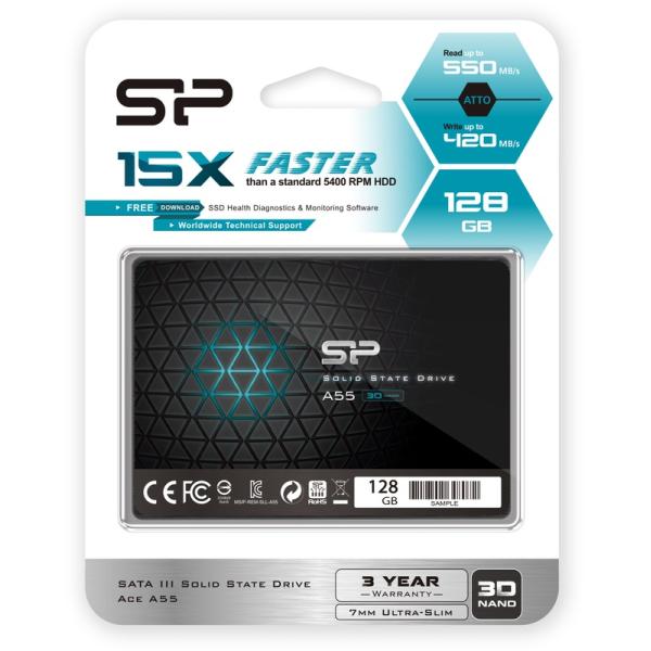 Silicon Power SP128GBSS3A55S25 ACE A55 SSD, 128GB, 7MM 2.5inch, SATA3, 3D NAND, SLC cache