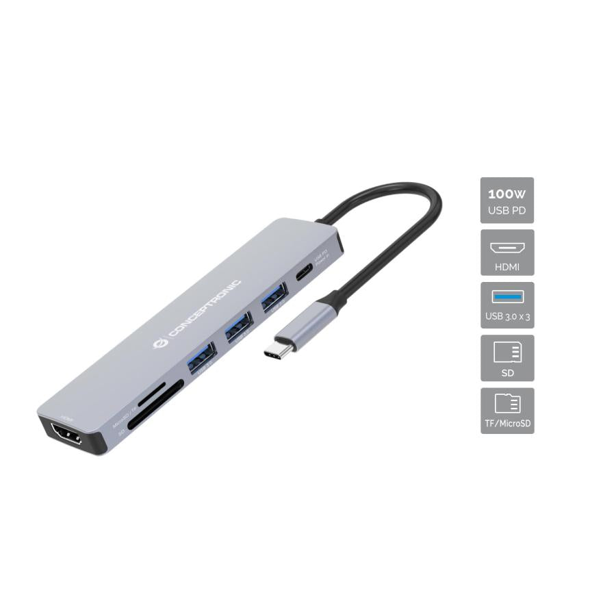 Conceptronic donn19g 7-in-1 usb 3.2 gen 1 dockingstation, hdmi, usb-a 3.0 x 3, sd, tf microsd, 100w