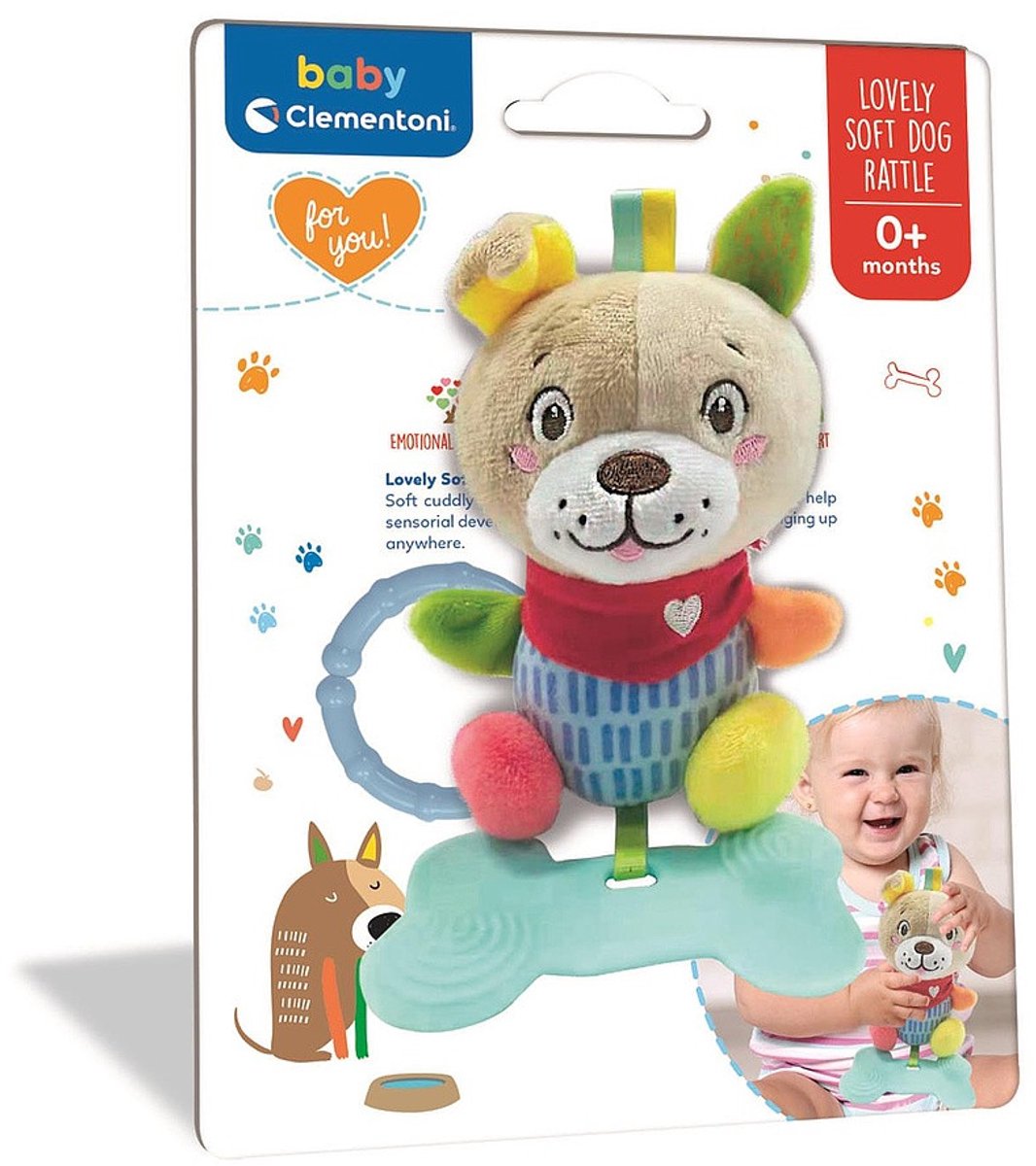 Clementoni - baby rammelaar- hond - een zachte speelervaring met bijtspeeltje - vanaf 0 maanden