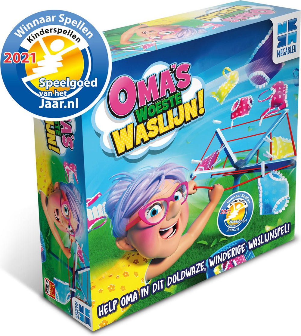 Megableu oma's woeste waslijn - grappig actiespel voor kinderen - vanaf 4 jaar - 2-4 spelers - kinderspel met draaiende waslijn