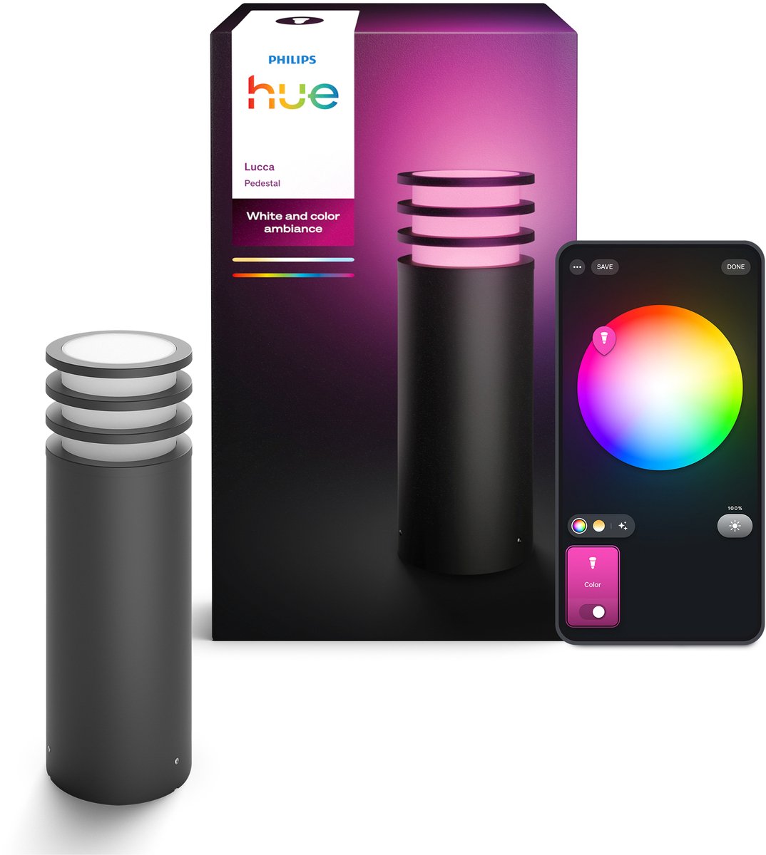 Philips hue lucca lage sokkellamp - tuinverlichting - antraciet grijs - ip44 weer- en windbestendig - wit en gekleurd licht -slimme verlichting - 1100 lumen - compatibel met matter