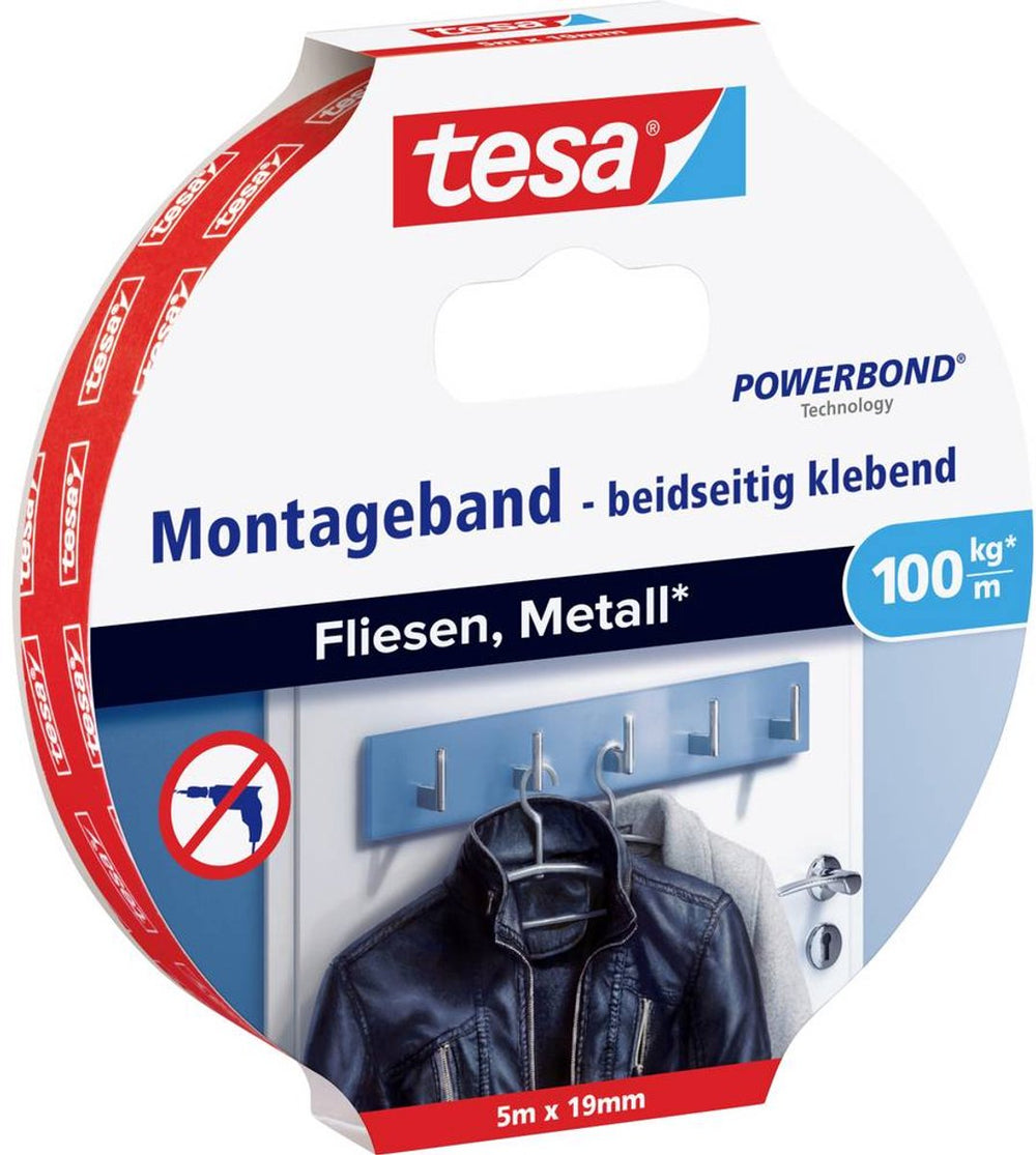 Tesa powerbond serie - dubbelzijdige montagetape - 5m x 19mm - voor tegels en metaal