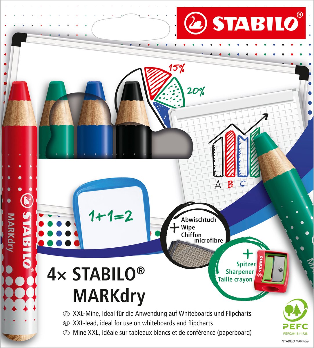 Stabilo markdry set van 4 whiteboard potloden, puntenslijper en reinigingsdoekje