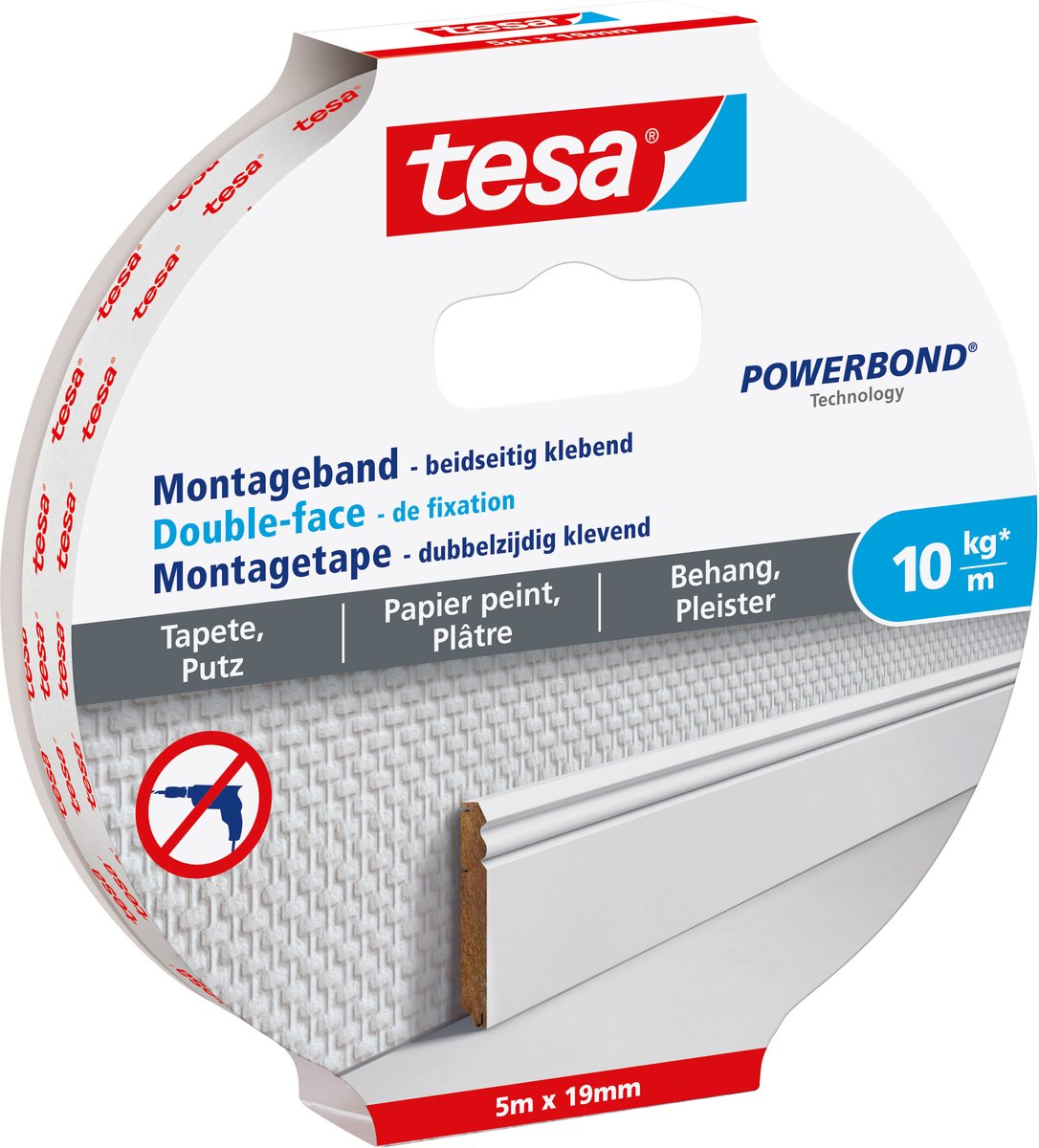 Tesa montagetape behang en pleisterwerk 10 kg per meter dubbelzijdig – 5mx19 mm