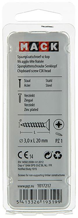 Mack 1017217 - spaanplaatschroef vz kop geelverz.45 st 3,0 x 20 mm | 10 stuks