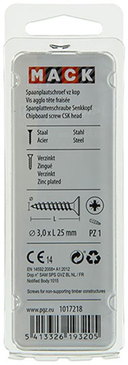 Mack 1017218 - spaanplaatschroef vz kop geelverz.40 st 3,0 x 25 mm | 10 stuks