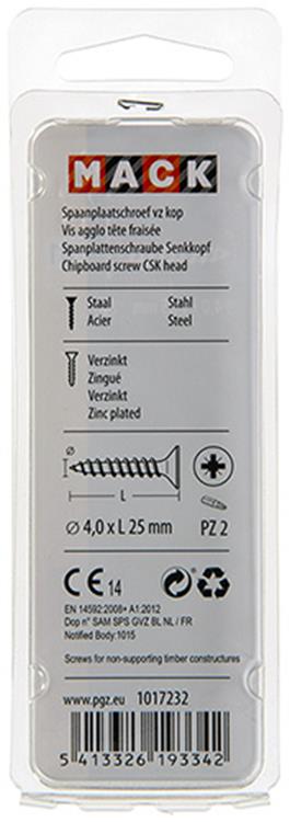 Mack 1017232 - spaanplaatschroef vz kop geelverz.25 st 4,0 x 25 mm | 10 stuks