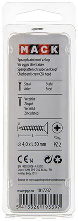 Mack 1017237 - spaanplaatschroef vz kop geelverz.15 st 4,0 x 50 mm | 10 stuks