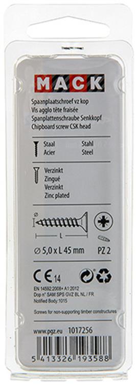 Mack 1017256 - spaanplaatschroef vz kop geelverz.11 st 5,0 x 45 mm | 10 stuks