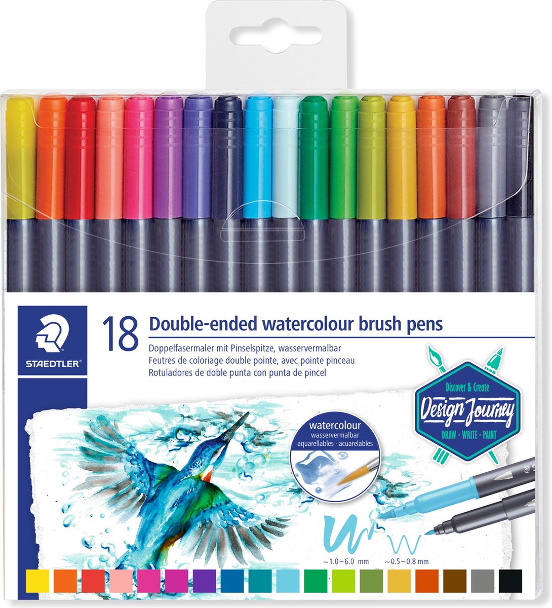 Staedtler design journey - dubbele brush pen met penseelpunt - set 18 st