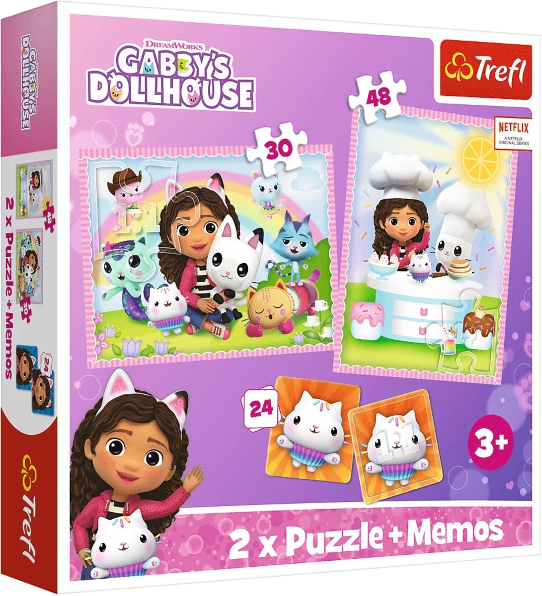 Trefl gabby's poppenhuis 3-in-1 set puzzels + memory 2-in-1 puzzel- en memoryset - 78 stukjes - vanaf 3 jaar