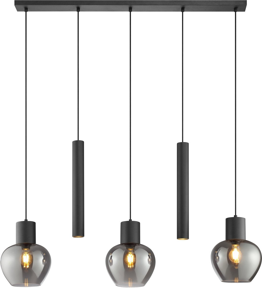 Brilliant ligari - hanglamp - 5-lichts - balk 123 cm - e27 max 3x20w gu10 max 2x10w - zwart smoke