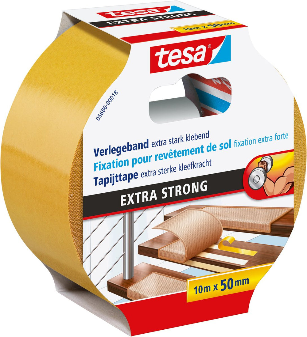 Tesa legtape extra sterk klevend - dubbelzijdig plakband voor het leggen van tapijt en pvc-bekleding - dubbelzijdig klevend - 10 m x 50 mm