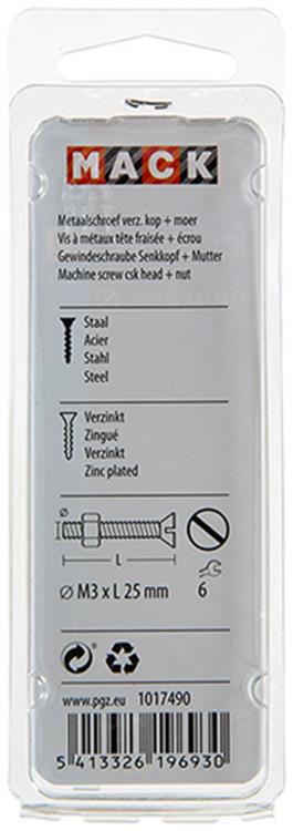 Mack 1017490 - metaalschroef verz. kop + moer verz. 22st m3 x 25 mm | 10 stuks