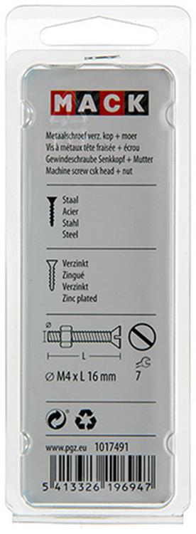 Mack 1017491 - metaalschroef verz. kop + moer verz. 20st m4 x 16 mm | 10 stuks