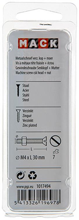 Mack 1017494 - metaalschroef verz. kop + moer verz. 14st m4 x 30 mm | 10 stuks
