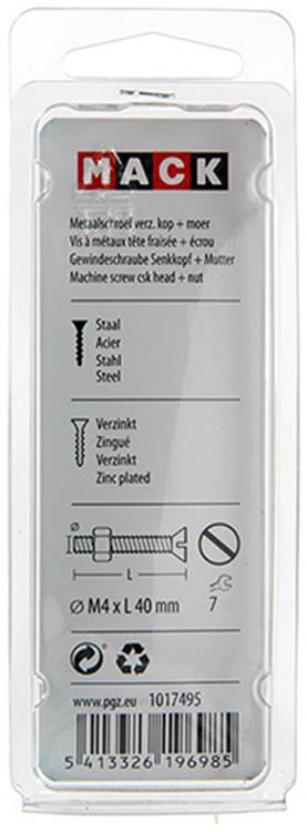 Mack 1017495 - metaalschroef verz. kop + moer verz. 12st m4 x 40 mm | 10 stuks