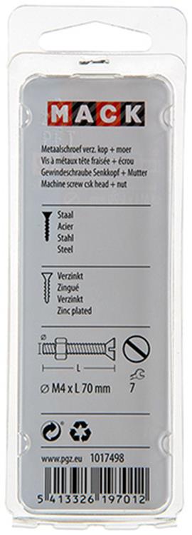 Mack 1017498 - metaalschroef verz. kop + moer verz. 4 st m4 x 70 mm | 10 stuks