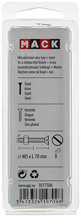 Mack 1017506 - metaalschroef verz. kop + moer verz. 6 st m5 x 70 mm | 10 stuks