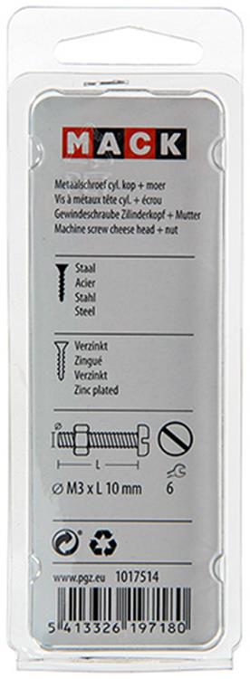 Mack 1017514 - metaalschroef cyl. kop + moer verz. 30 st m3 x 10 mm | 10 stuks