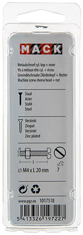 Mack 1017518 - metaalschroef cyl. kop + moer verz. 18 st m4 x 20 mm | 10 stuks