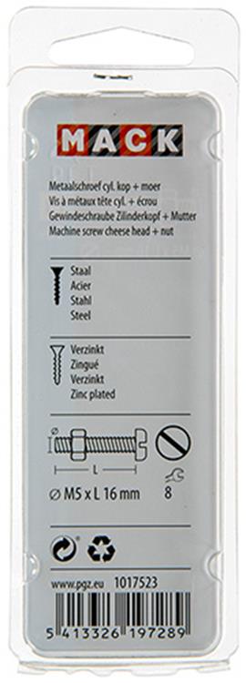 Mack 1017523 - metaalschroef cyl. kop + moer verz. 16 st m5 x 16 mm | 10 stuks