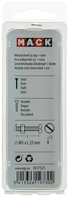 Mack 1017525 - metaalschroef cyl. kop + moer verz. 14 st m5 x 25 mm | 10 stuks