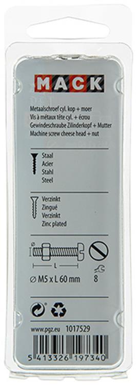 Mack 1017529 - metaalschroef cyl. kop + moer verz. 6 st m5 x 60 mm | 10 stuks