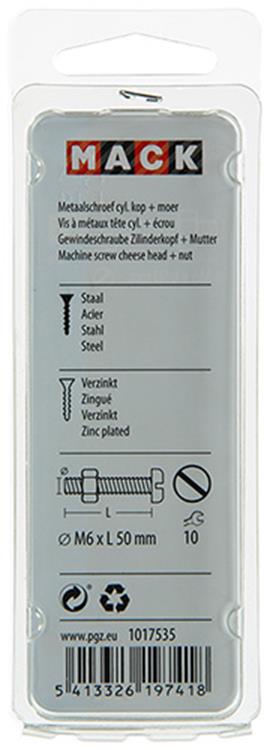 Mack 1017535 - metaalschroef cyl. kop + moer verz. 5 st m6 x 50 mm | 10 stuks