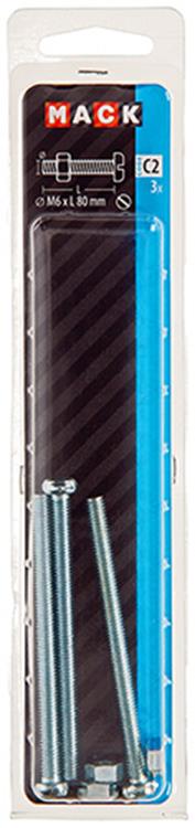 Mack 1017537 - metaalschroef cyl. kop + moer verz. 3 st m6 x 80 mm | 5 stuks