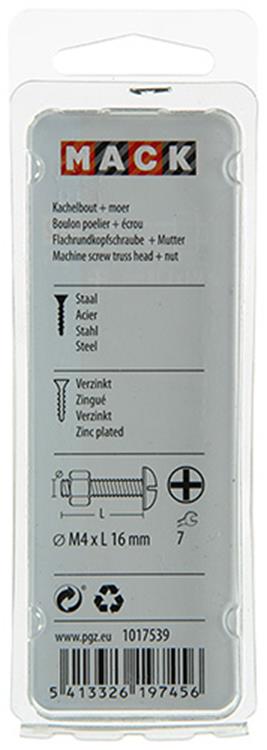 Mack 1017539 - kachelbout + moer staal verzinkt 22 st m4 x 16 mm | 10 stuks