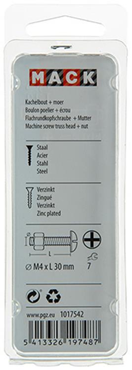 Mack 1017542 - kachelbout + moer staal verzinkt 16 st m4 x 30 mm | 10 stuks