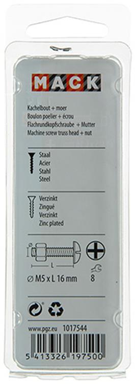 Mack 1017544 - kachelbout + moer staal verzinkt 16 st m5 x 16 mm | 10 stuks
