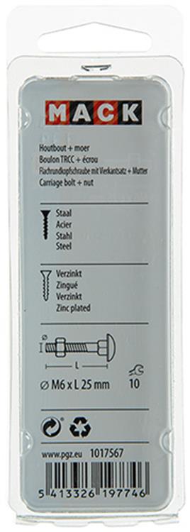 Mack 1017567 - houtbout + moer staal verzinkt9 st m6 x 25 mm | 5 stuks