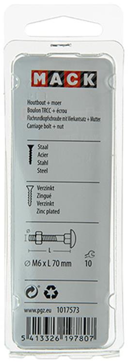 Mack 1017573 - houtbout + moer staal verzinkt5 st m6 x 70 mm | 5 stuks