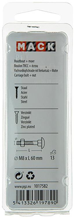 Mack 1017582 - houtbout + moer staal verzinkt4 st m8 x 60 mm | 5 stuks