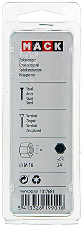 Mack 1017681 - zeskant moer staal verzinkt 3 st m 16 | 10 stuks
