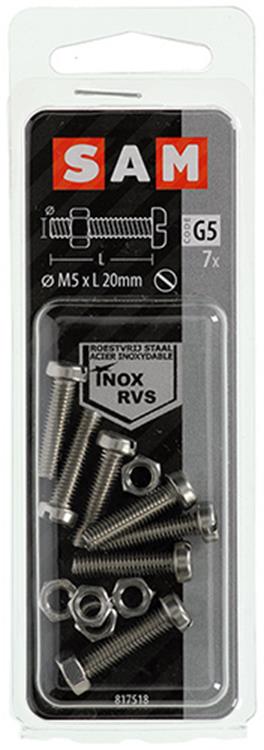 Mack 1019825 - metaalschroef cyl. kop + moer rvs 7 st m5x20 | 10 stuks