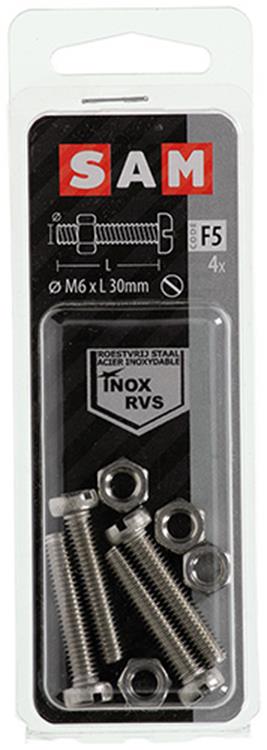 Mack 1019830 - metaalschroef cyl. kop + moer rvs 4 st m6x30 | 10 stuks