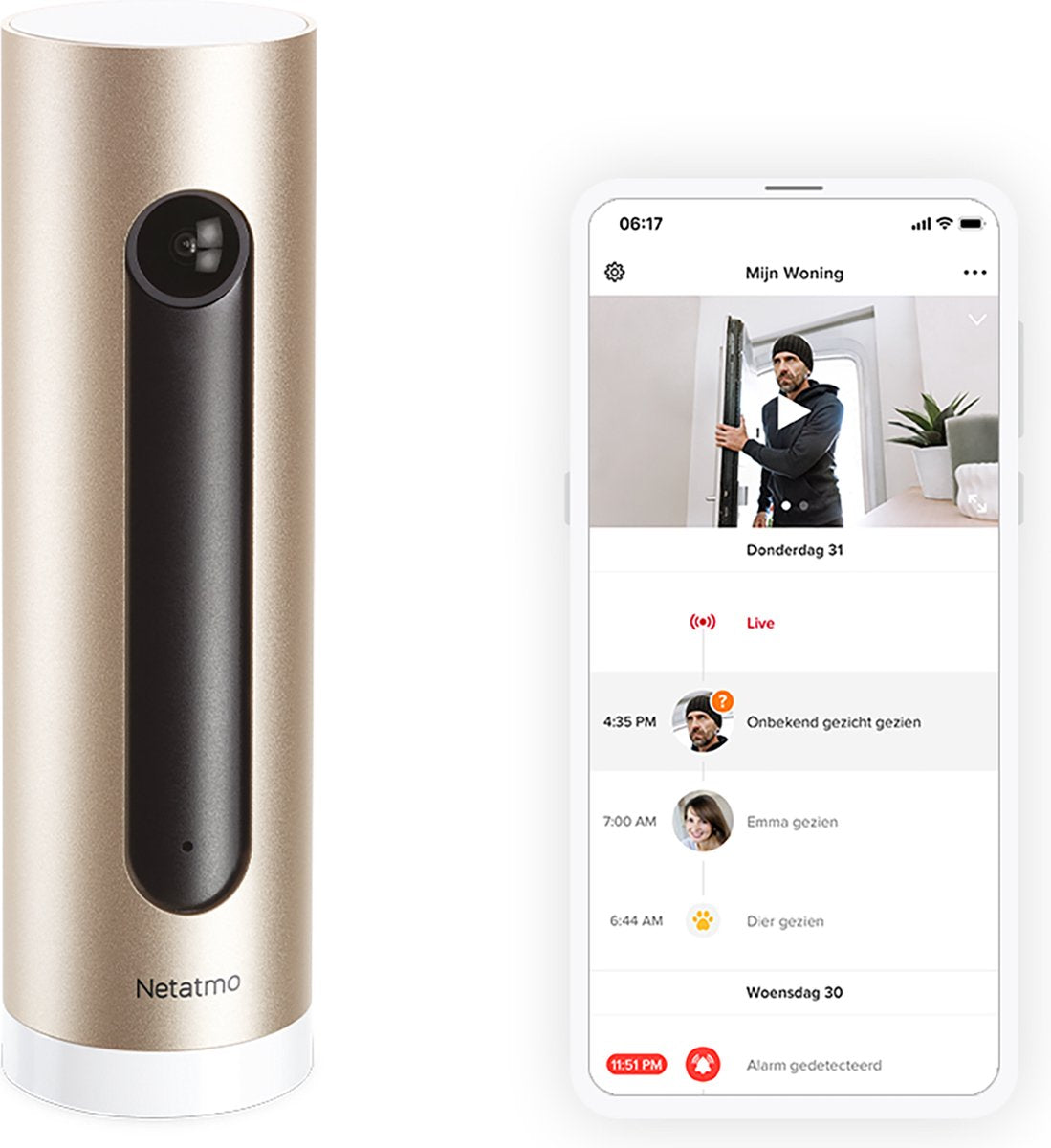 Netatmo slimme binnencamera - wifi beveiligingscamera - bewegingsdetectie - nachtzicht - werkt met google home, alexa en apple homekit - 1 stuk - goud