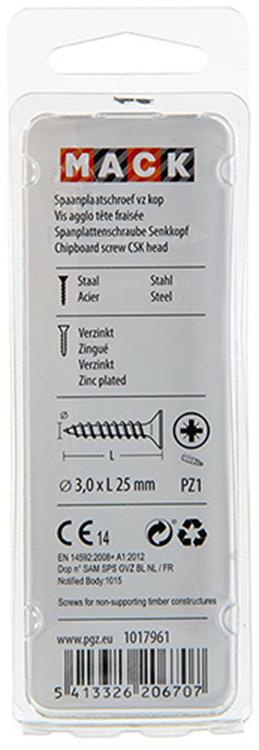 Mack 1017961 - spaanplaatschroef vz kop geelverz 100st 3,0 x 25 mm | 5 stuks